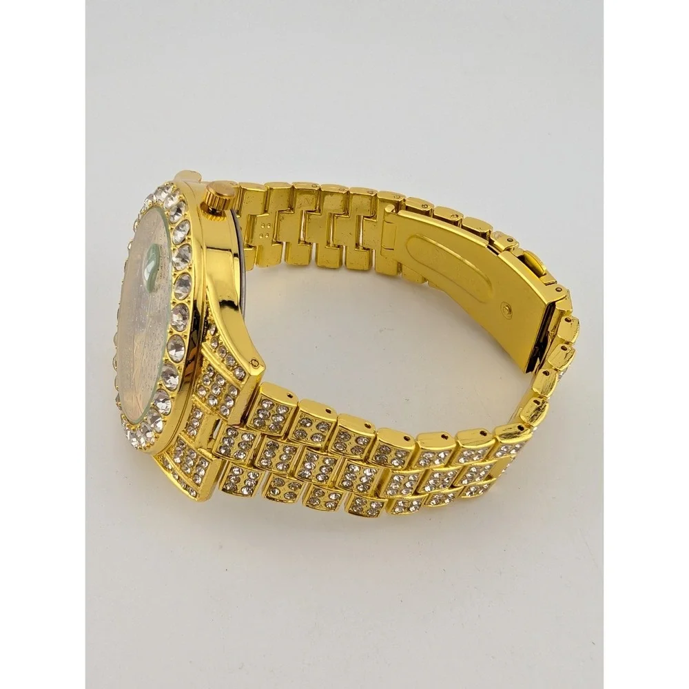 Men's Quartz‎ Watch Gold Tone Bling 43mm Case 7.5